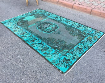 vintage Turkish bedroom rug, 4'9" X 7'9"  teal dining room carpet  R7437F49