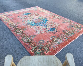 Tapete boho pastel vermelho 6x10 da Turquia, tamanho 6&#39;4&quot; x 8&#39;10&quot;, carpete desbotado feito à mão, R8115F111