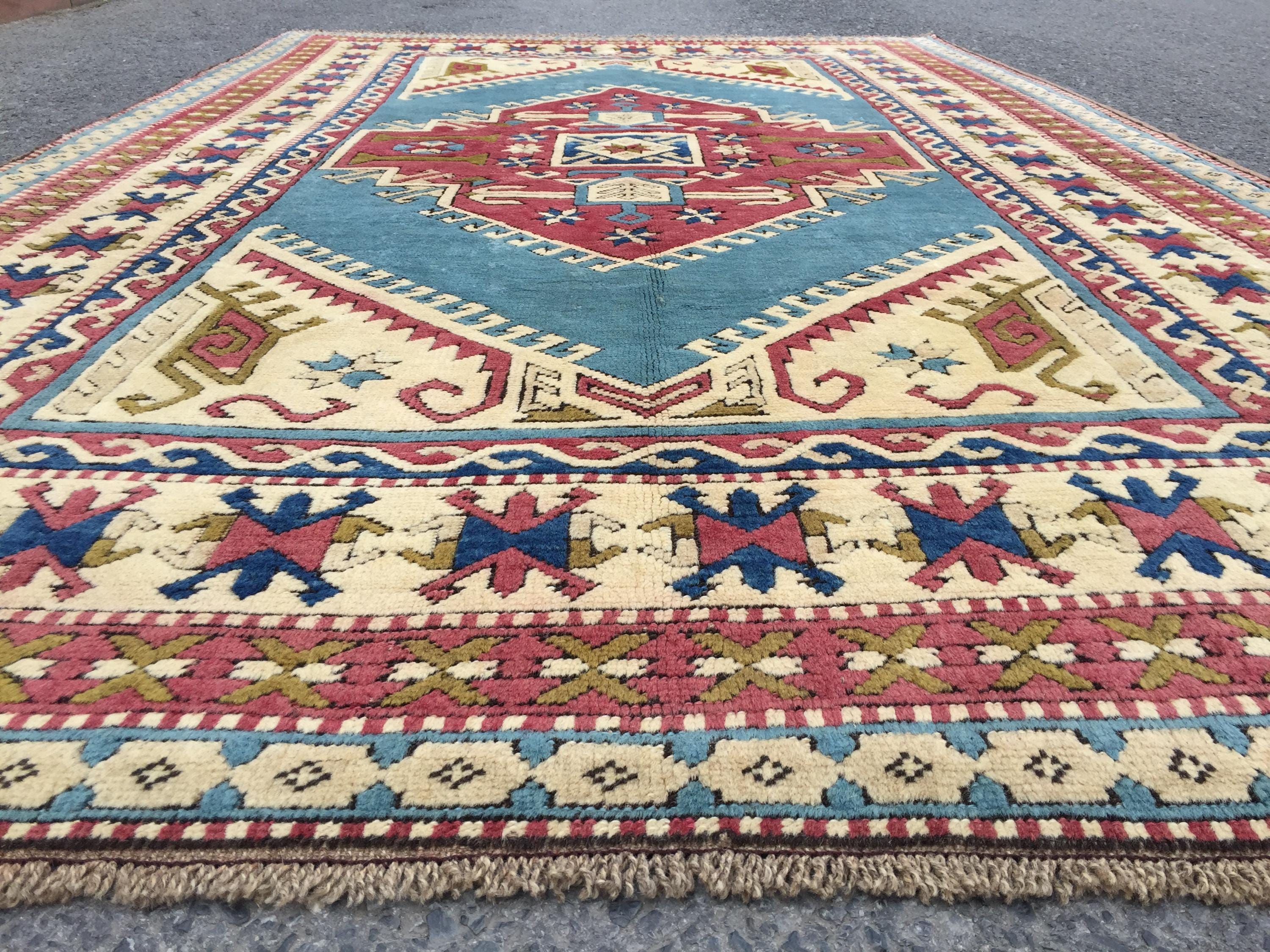 Tapete geométrico azul vermelho bege feito à mão, de lã, medindo 6x9 para sala de estar, tamanho grande, 5'9" x 9'1", tapete vintage para escritório R8282F111