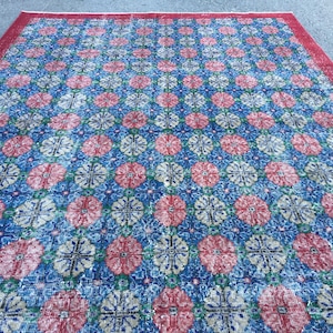 7X10 blue minimal floral rug,  hand knotted office rug, 6&#39;8&quot; X 9&#39;10&quot; area rug R2144F111