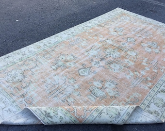 pastel orange beige Turkish area rug, 5'9" X 9'8" Handmade living room carpet  R6138F28