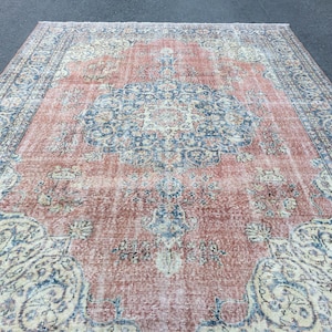 7x11 distressed dining room  rug, red Turkish rug, 7&#39;1&quot; X 10&#39;6&quot; vintage rug R9359F124