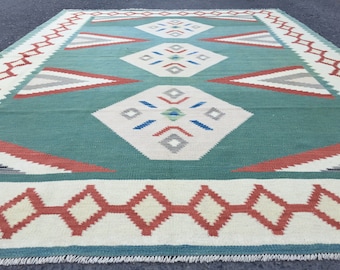 geometric flat woven minimal office rug, 5'8' X 7'7" wool entryway kilim , R7091F67