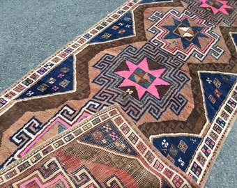 5x11 geometric brown blue rug, soft  wool Vintage  rug , 4'8" X 10'10" rugs for living room R8374F64
