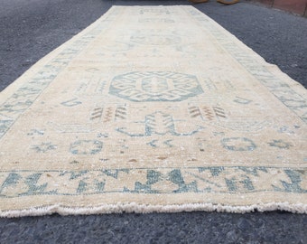 3x11 geometric beige blue runner, Turkish corridor rug , 3'1" X 10'7" retro runner, R7901F58