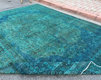 9x12 vintage wool rug,  teal area rug, 8'11" X 12'2" hand Woven rug , Living room rug R7685F51