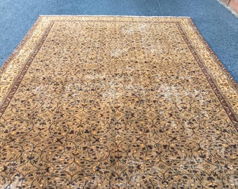 vintage muted brown orange dining room rug, 6'9" X 9'8" wool living room  carpet   R9330F124