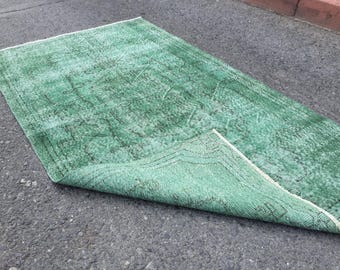 Turkish distressed green kitchen rug,  vintage  entryway  carpet , 3'8" X 6'5" ,  R8972F85
