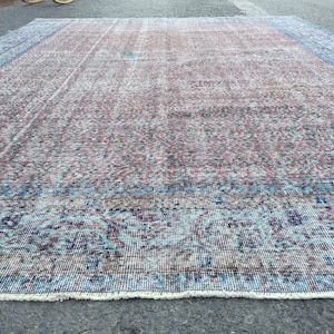 8x11 red blue dining room rug,  vintage bed plan rug, 7&#39;10&quot; X 11&#39;2&quot;  distressed retro rug,R8956F83