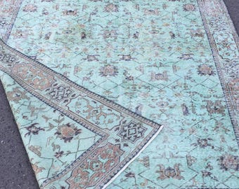 faded pattern geometric bedroom rug, pastel  teal living room carpet in  6' X 10'2" , R8874F80