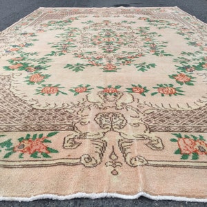 7x11 floral Handmade Area rug , Vintage Rug , 6&#39;10&quot; X 10&#39;9&quot; Farmhouse Retro rug ,beige green  Nomadic rug R1245F24