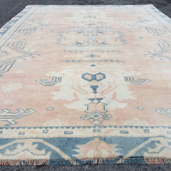5x7 geometric Oushak rug, hand knotted rug ,70s rug , Repaired 4'10" X 6'9"  rug for living room  R6587F32