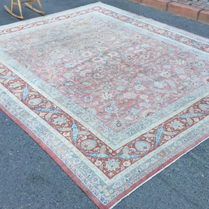 vintage oversize original Oushak area rug ,  10x12 Handmade Carpet in red beige blue in size  9&#39;11&quot; X 11&#39;11&quot;  for living room  R 8862F77