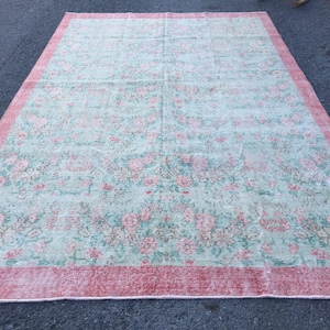 7x10 green floral rug, green red rug, 6&#39;7&quot; X 10&#39;2&quot; hand woven rug, dining room rug, R4795F26