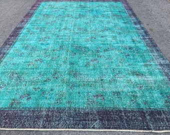 retro blue teal dining room rug, 6'3" X 9'9"  distressed office carpet   R8184F61