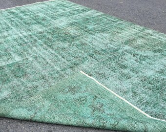 faded green bedroom carpet , Vintage  Living room rug 6'6" X 9'10",  R8970F85