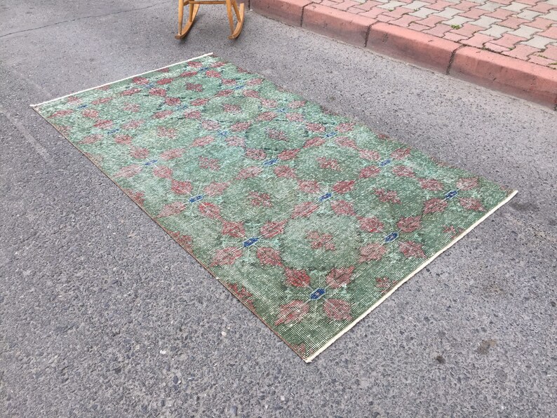 4x8 Faded Green Kitchen Rug, Abstract Turkish Rug, Rug for Living Room ...
