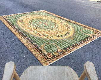 distressed floral bedroom rug, green yellow Turkish hand woven carpet 6'9" X 9'6" ,R9303F117