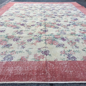7x10 floral bedroom rug , red beige Vintage rug , handmade rug, 6&#39;11&quot; X 9&#39;9&quot; living room rug R1548F25