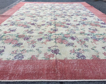 7x10 floral bedroom rug , red beige Vintage rug , handmade rug, 6'11" X 9'9" living room rug R1548F25