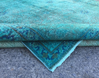 distressed Turkish oriental area rug, 6'5" X 9'6" teal blue living room carpet  R9456F121