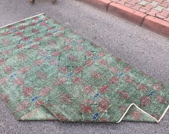 faded green kitchen Turkish carpet , rug for living room, 4'1" X 7'6" ,   R7396F43