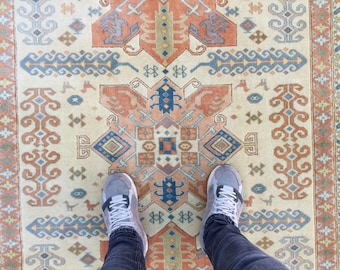 geometric handmade bedroom rug , 6'2" X 8'8"pastel beige orange living room carpet ,  R9534F125