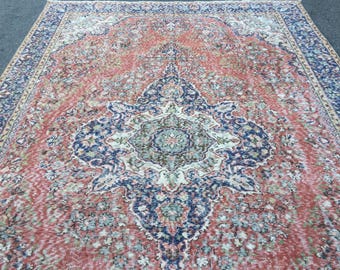 distressed red retro oriental bedroom rug, 6'11" X 10'2"  Turkish dining room carpet ,  R9324F123