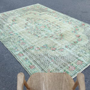 7x10 pastel green Turkish rug ,floral bed plan rug, 6&#39;11&quot; X 10&#39;3&quot; Living room rug R8878F80