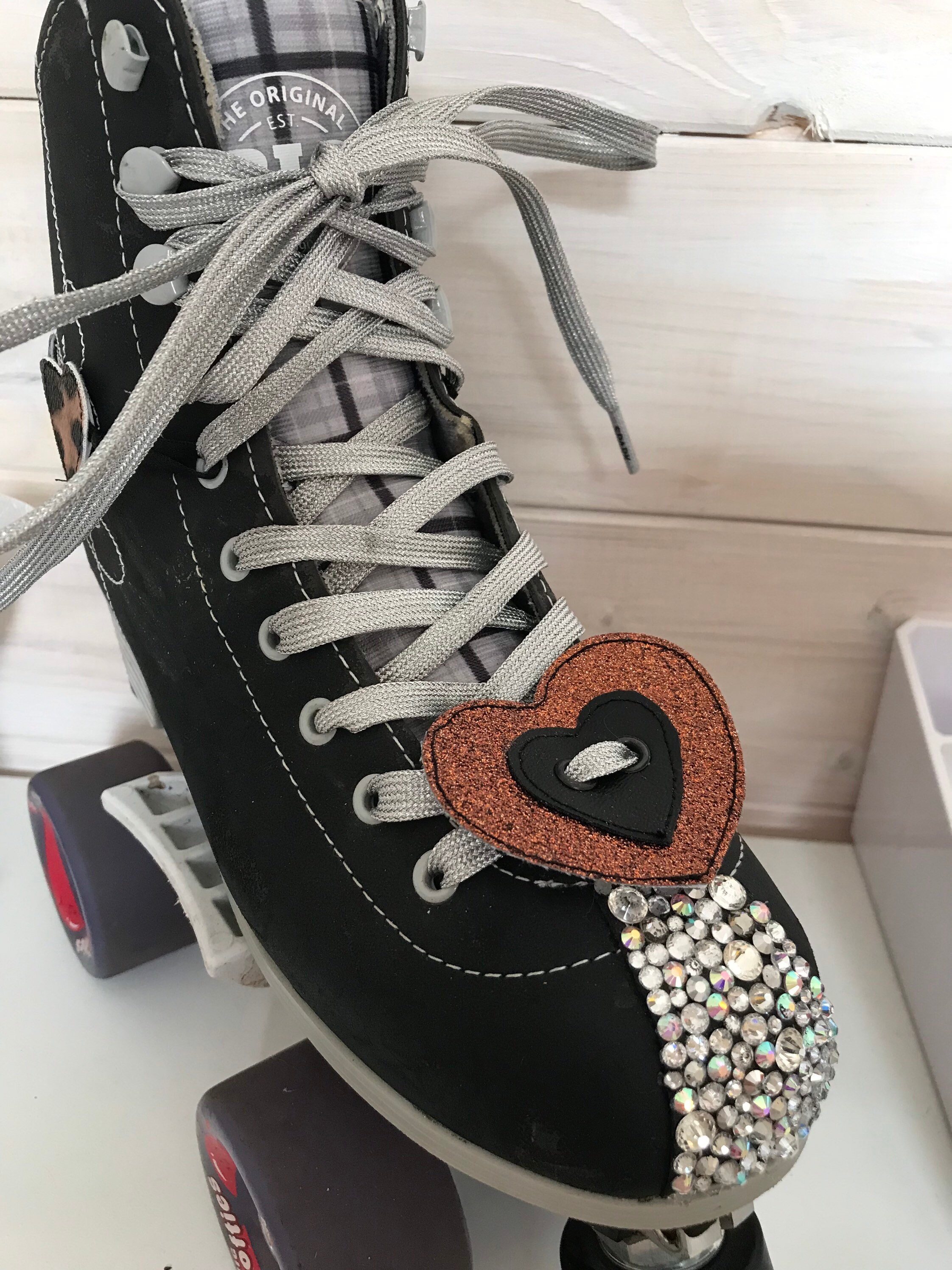 Pair of leopard print and sparkly heart themed roller skate Etsy