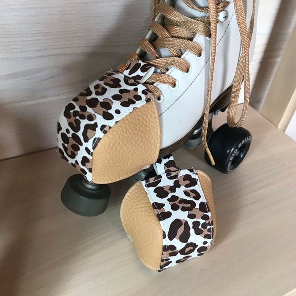 Tan white and charcoal animal print faux leather/pleather roller skate toe guard toe cap protection
