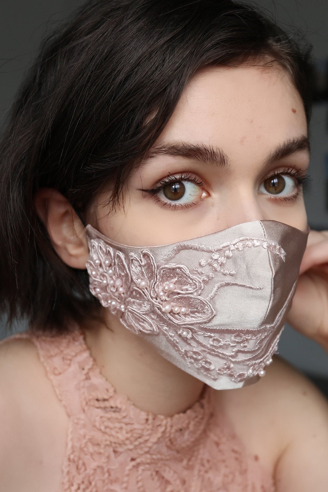 Beige face mask SILK lace womens face mask Wedding face Etsy