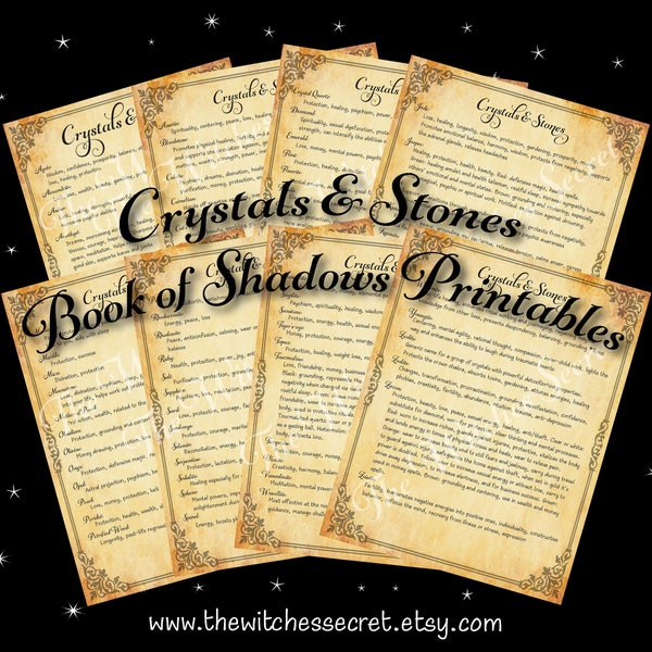 Book of Shadows Printable, Crystal Magic correspondence sheets, gemstone information, BOS pages, BOS Printable, Grimoire Pages, Wicca