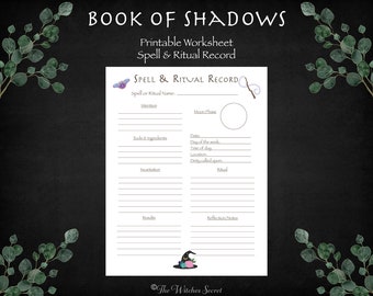 May include: Printable worksheet for recording spells and rituals. The worksheet features a witch's hat, a butterfly, and a wand. It includes sections for spell or ritual name, intention, tools and ingredients, incantation, results, moon phase, date, day of the week, time of day, location, deity called upon, ritual, and reflection/notes.
