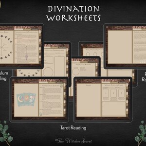 May include: A digital tablet screen displaying six different worksheets for divination practices, including pendulum reading, tarot reading, rune reading, and more. The worksheets are designed with a vintage aesthetic and feature illustrations and text.