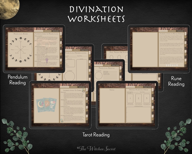 May include: A digital tablet screen displaying six different worksheets for divination practices, including pendulum reading, tarot reading, rune reading, and more. The worksheets are designed with a vintage aesthetic and feature illustrations and text.