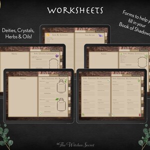 May include: A set of printable worksheets for a Book of Shadows, featuring a woodgrain background and a moon in the top left corner. The worksheets include sections for deities, crystals, herbs, oils, essential oil blends, and a herbal catalogue.