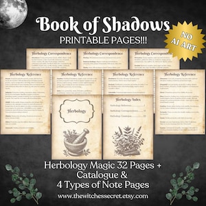May include: A collection of printable pages from a "Book of Shadows" with the title "Herbology." The pages feature text on herbology correspondence, reference, and an index. The image includes a mortar and pestle illustration and the text "NO AI ART."