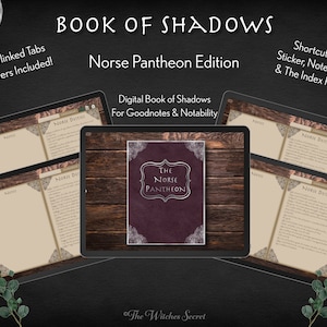 May include: Digital Book of Shadows for Goodnotes and Notability, featuring a Norse Pantheon theme. The cover features a dark purple background with a white lace design and the text "The Norse Pantheon".