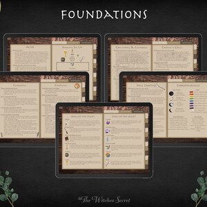 May include: A digital tablet displaying a guide to witchcraft with sections on altars, cleaning, charging, grounding, casting a circle, spell crafting, and correspondences. The guide includes illustrations of tools and symbols.