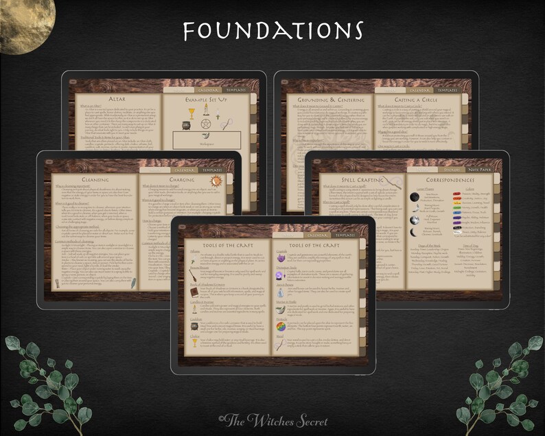 May include: A digital tablet displaying a guide to witchcraft with sections on altars, cleaning, charging, grounding, casting a circle, spell crafting, and correspondences. The guide includes illustrations of tools and symbols.