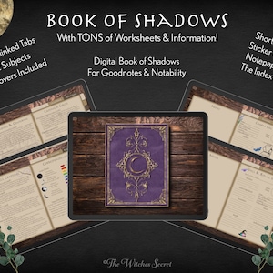 Può includere: Un libro digitale di ombre per Goodnotes e Notability. La copertina è viola con accenti dorati e un design a mezzaluna. Il libro include 12 argomenti, 4 copertine e schede ipertestuali. Include anche scorciatoie per pagine di adesivi, fogli di note e la pagina dell'indice.