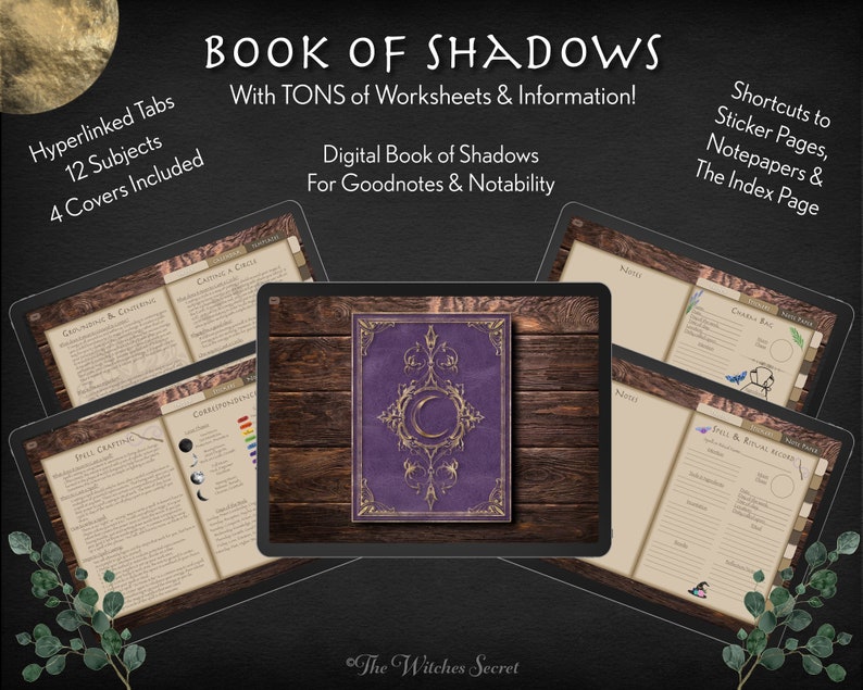 May include: A digital Book of Shadows for Goodnotes and Notability. The cover is purple with gold accents and a crescent moon design. The book includes 12 subjects, 4 covers, and hyperlinked tabs. It also has shortcuts to sticker pages, notepapers, and the index page.