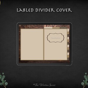 May include: A digital planner divider cover with a wood grain background. The divider is labelled "Foundations" and has a brown, tan, and white colour scheme.