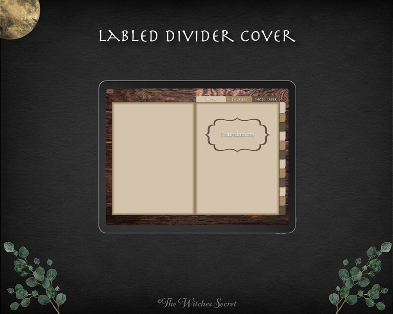May include: A digital planner divider cover with a wood grain background. The divider is labelled "Foundations" and has a brown, tan, and white colour scheme.