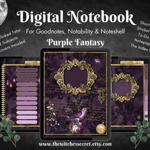 May include: Digital notebook with a purple fantasy theme. The image shows three digital notebooks with ornate gold frames and a dark purple background. The text includes "Hyperlinked Tabs," "12 Subjects," and "5 Covers Included."
