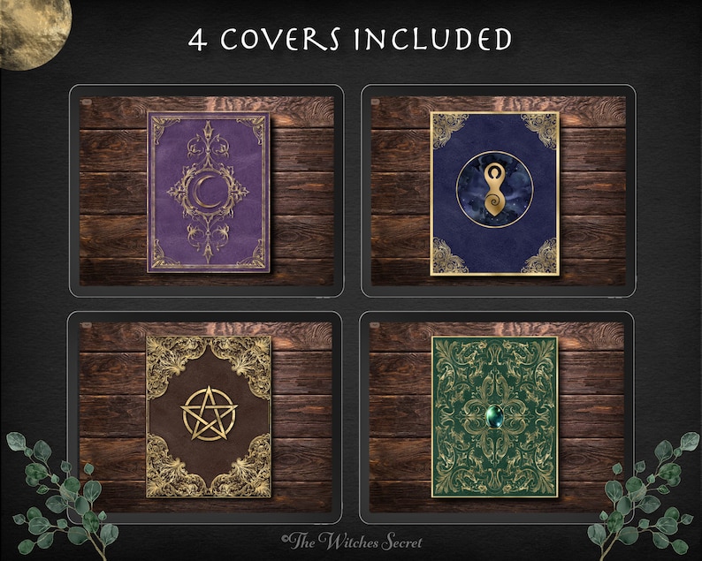 May include: Four different book covers with ornate gold designs on a dark wood background. The covers are purple, blue, brown, and green. The text "4 COVERS INCLUDED" is at the top of the image.