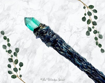 Teal Crystal Magic Wand | Hand-Painted Witch Wand for Ritual, Cosplay & Altar