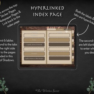 May include: A digital planner page with a brown wooden background. The page is divided into two sections, each with a list of topics. The topics in the left section are "Deities", "Crystals, Stones & Minerals", "Bath & Cleansing Oils", "Divination", and "Spells, Potions & Other Recipes". The topics in the right section are blank. The text "HYPERLINKED INDEX PAGE" is at the top of the page.