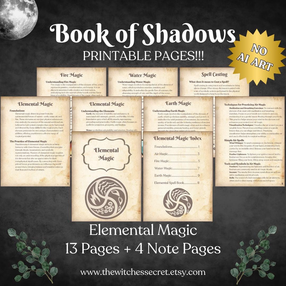 Printable Book of Shadows Pages | Elemental Magic Grimoire | Witchcraft ...